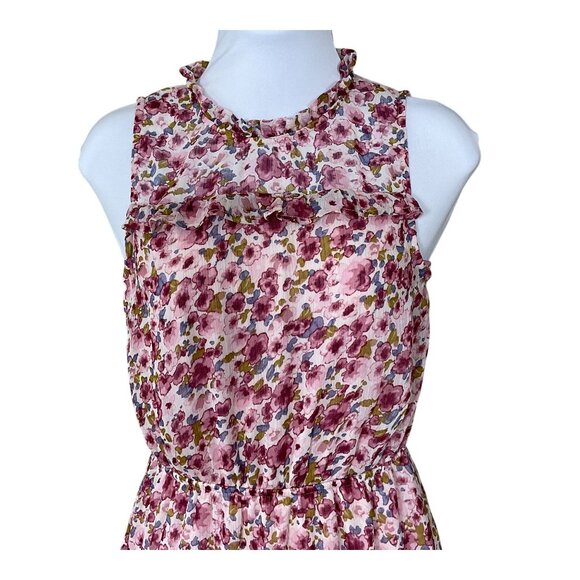 Monteau Sleeveless Pink Floral Ruffled Tiered High Neck Dress Keyhole Back XS - Picture 2 of 8